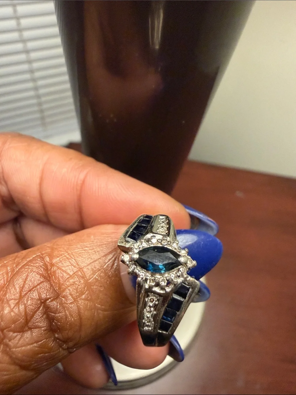 Sterling Silver Ring with Blue Marquise Stone and Accent Details - Women Jewelry